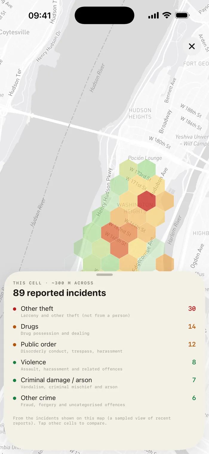 SafeRoute crime heatmap on iPhone with a tapped hexagon cell detailing 89 reported incidents in a 300-metre area of Washington Heights, New York