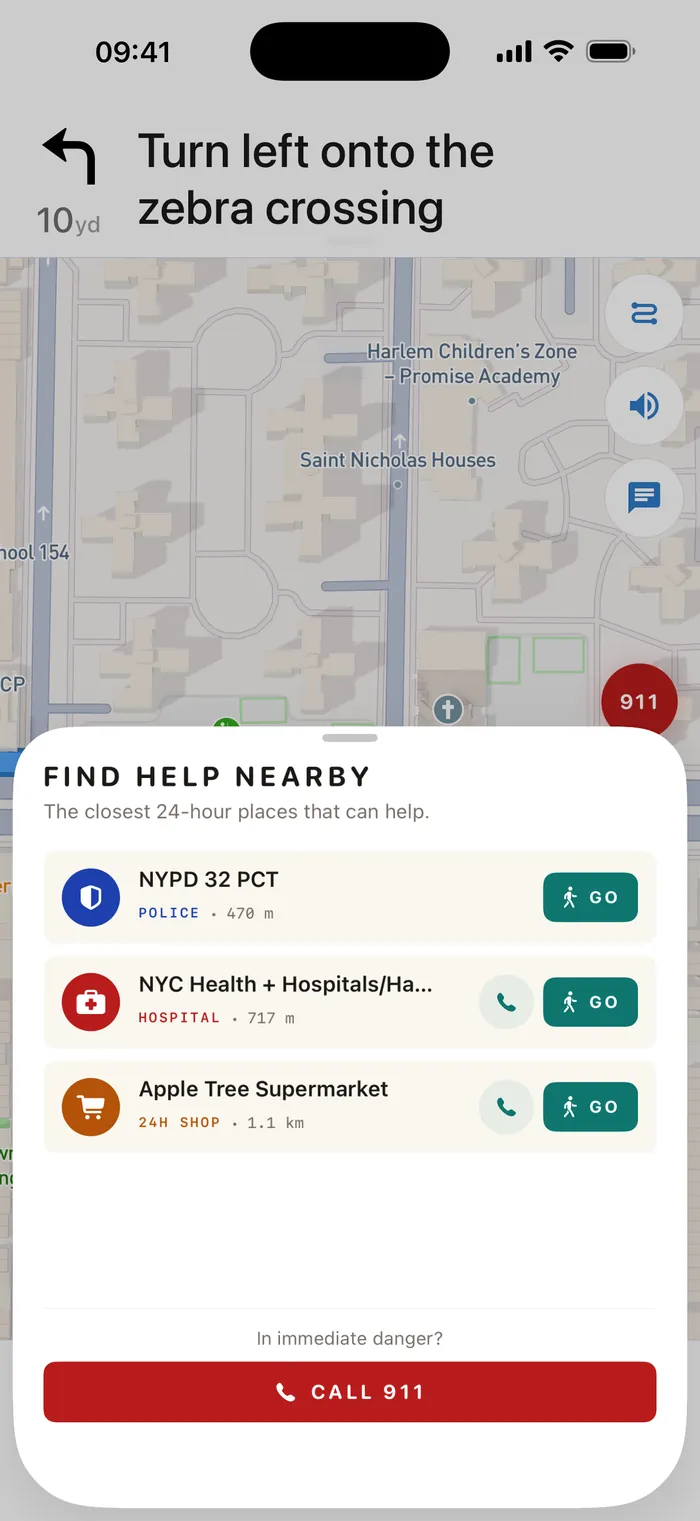 SafeRoute Find Help Nearby sheet listing the closest 24-hour places in New York, with one-tap Call 911