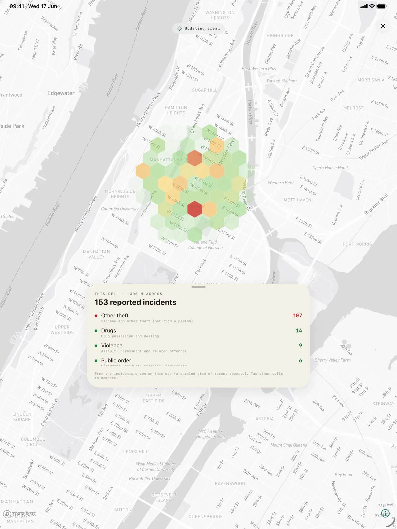 SafeRoute crime heatmap on iPad with a tapped hexagon cell detailing 153 reported incidents in that area of New York