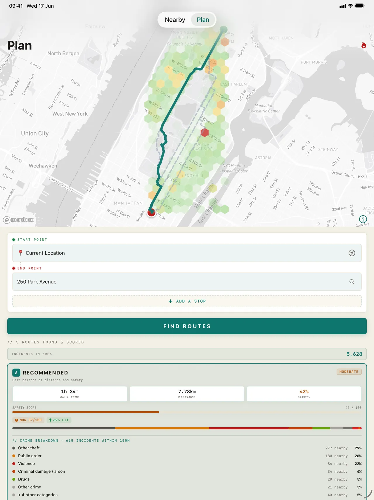 SafeRoute route planner on iPad with a scored route from Current Location to 250 Park Avenue in New York over a crime heatmap