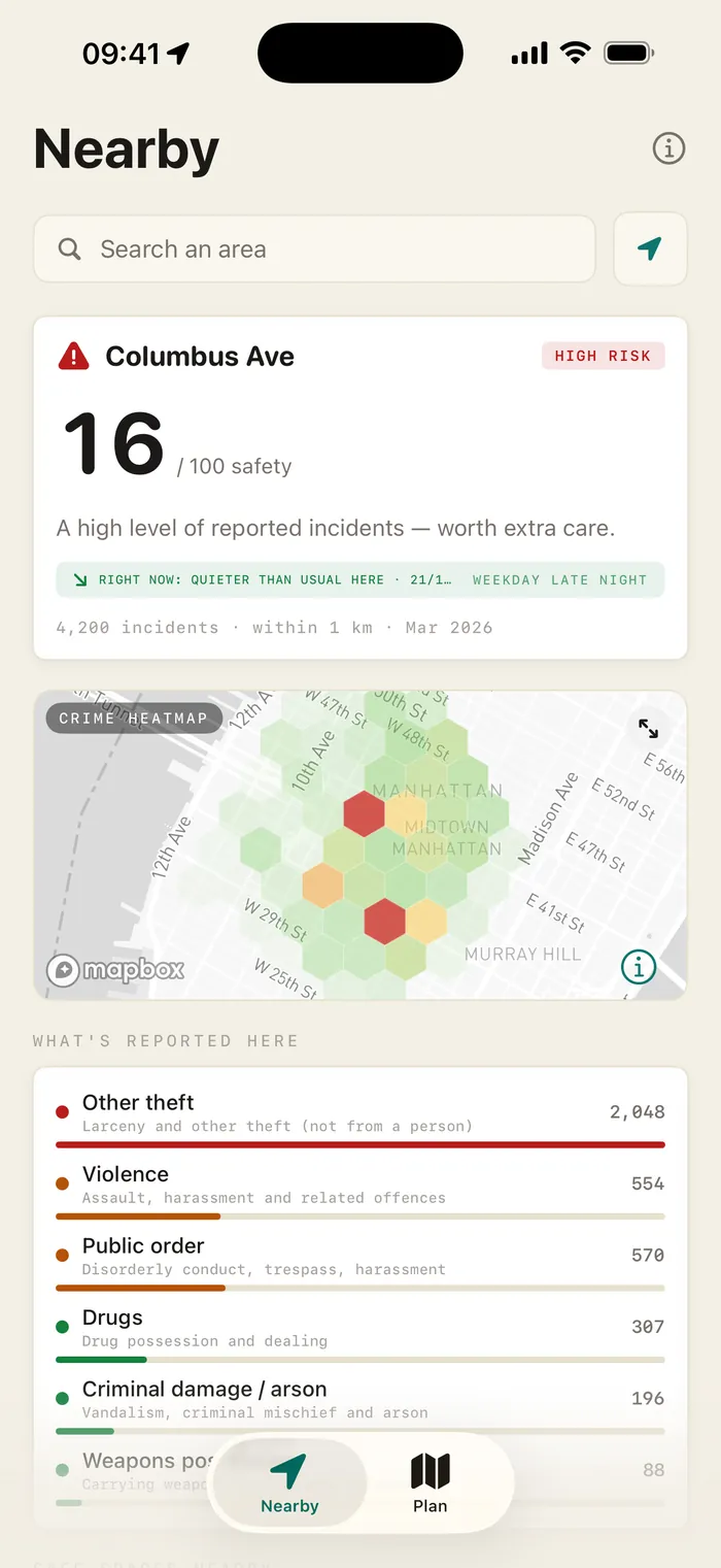 SafeRoute Nearby tab showing a 16 out of 100 area safety score for Columbus Ave in New York, a crime heatmap and what's reported nearby