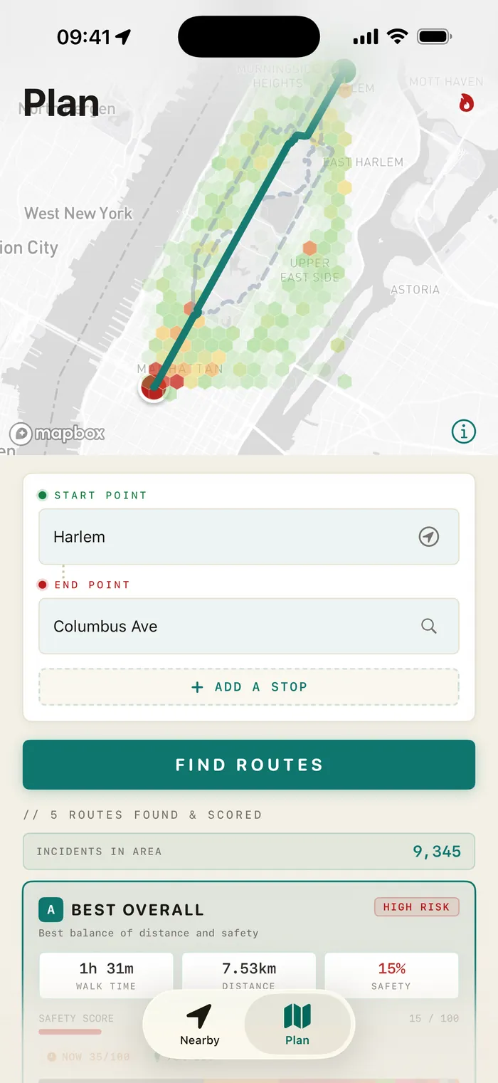 SafeRoute route planner from Harlem to Columbus Ave in New York with five routes found and scored over a crime heatmap, 9,345 incidents in the area