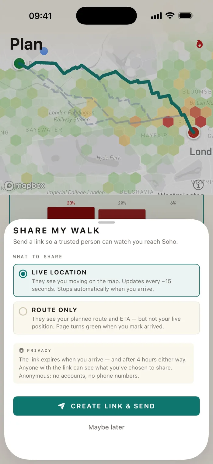 SafeRoute Share My Walk sheet with Live Location and Route Only options and a privacy notice
