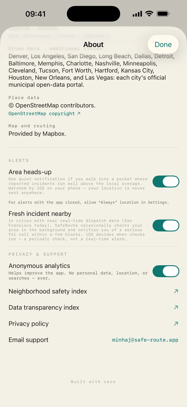SafeRoute alert settings showing both alert types off by default with plain-English explanations