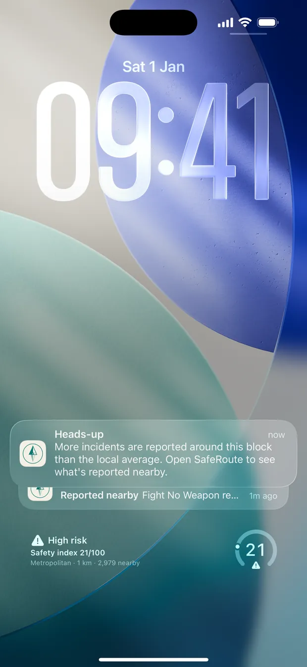 iPhone lock screen showing two calm SafeRoute notifications: an area heads-up and a nearby reported incident