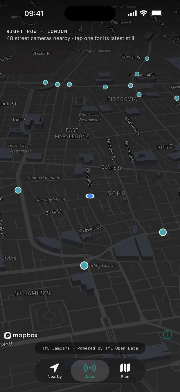 SafeRoute Live tab in London: a dark 3D map of Soho with teal street-camera markers