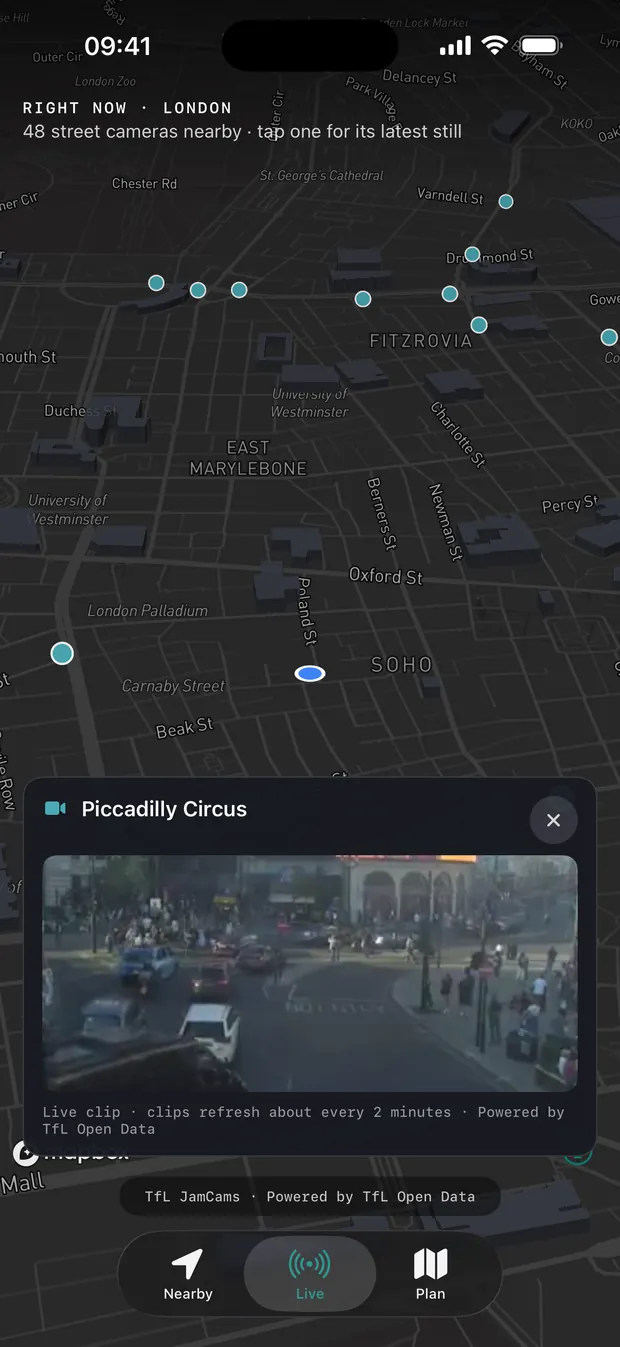 A live TfL camera clip of Piccadilly Circus playing inside the SafeRoute app