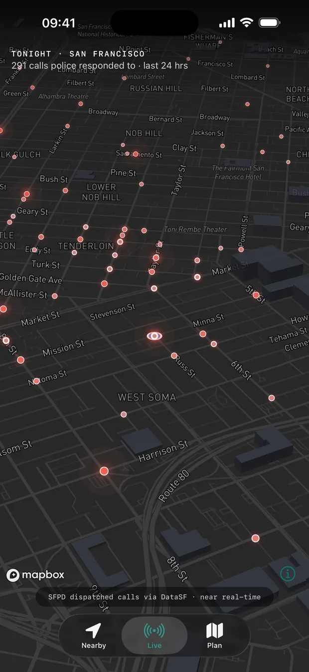 SafeRoute Live tab in San Francisco: 911 calls from the last 24 hours glowing on a dark 3D map