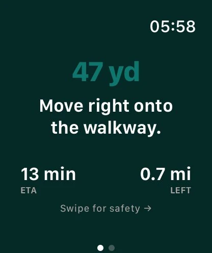 SafeRoute on Apple Watch showing turn-by-turn navigation